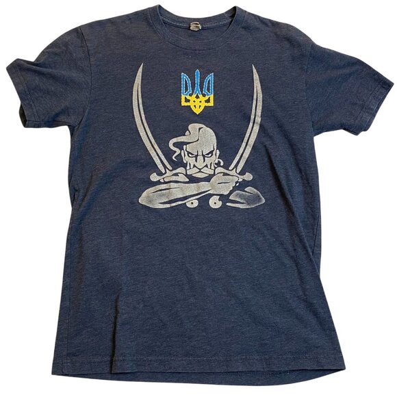 Ukrainian Pirate T-Shirt Navy Blue Graphic Tee Mens M Next Level Cotton Blend - Picture 1 of 9